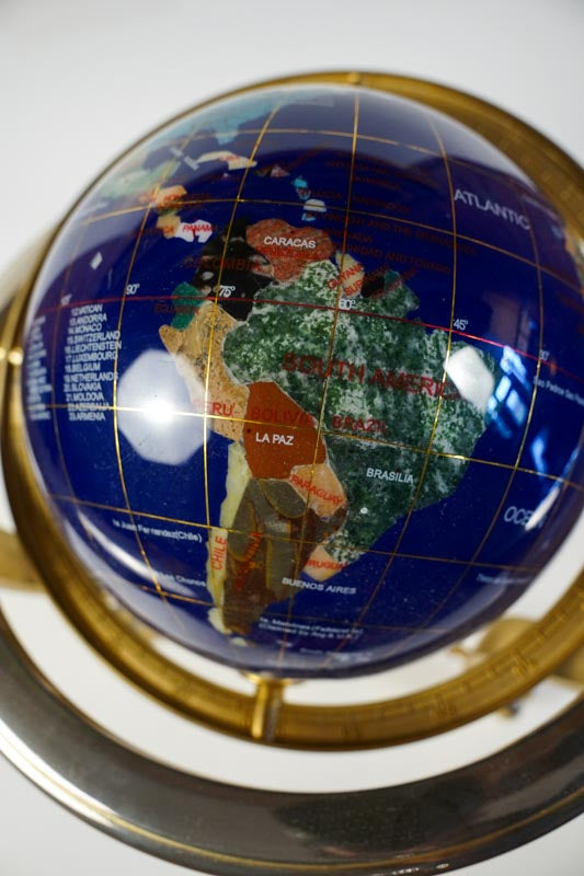 Inlaid Semi-Precious Gemstones In Lapis Lazuli World Globe With Compass