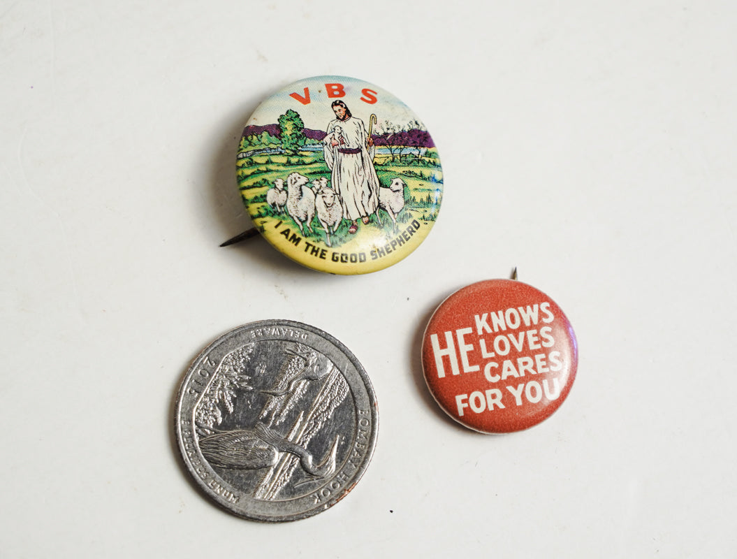 1960s VBS Vacation Bible School Litho Button Pin Set of 2 Different Pins
