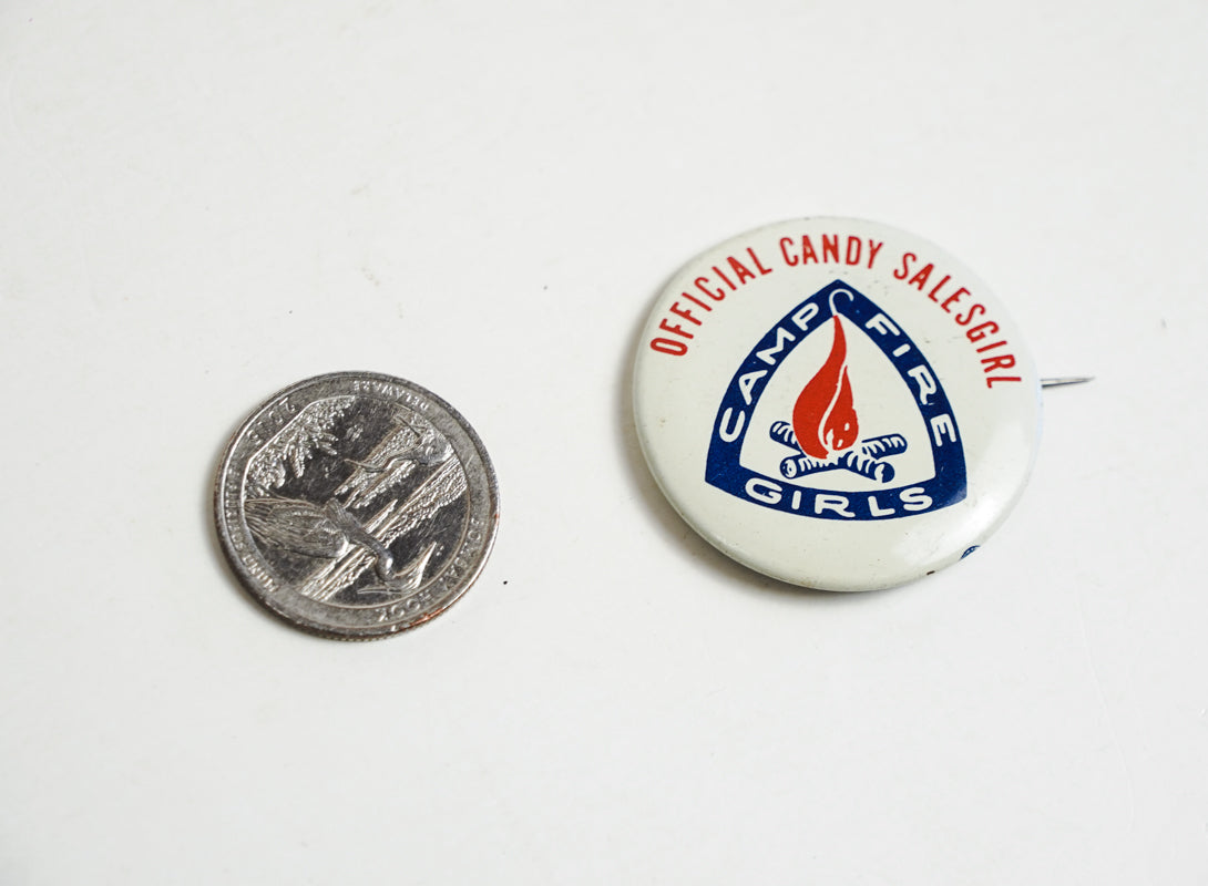 Vintage White Official Candy Salesgirl Camp Fire Girls Scouts Button Pin