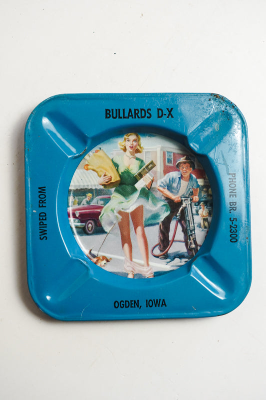 Dullards DX Pinup Girl Ogden, Iowa Blue Metal Square Ashtray