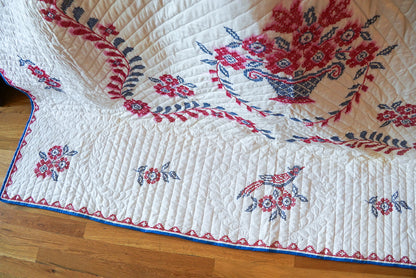 Vintage 70s Patriotic Cross-Stitch Bicentennial Americana Handmade Quilt 81x94