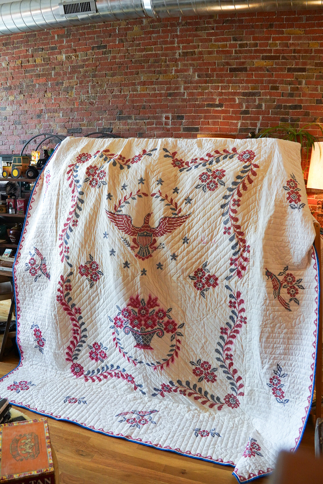 Vintage 70s Patriotic Cross-Stitch Bicentennial Americana Handmade Quilt 81x94