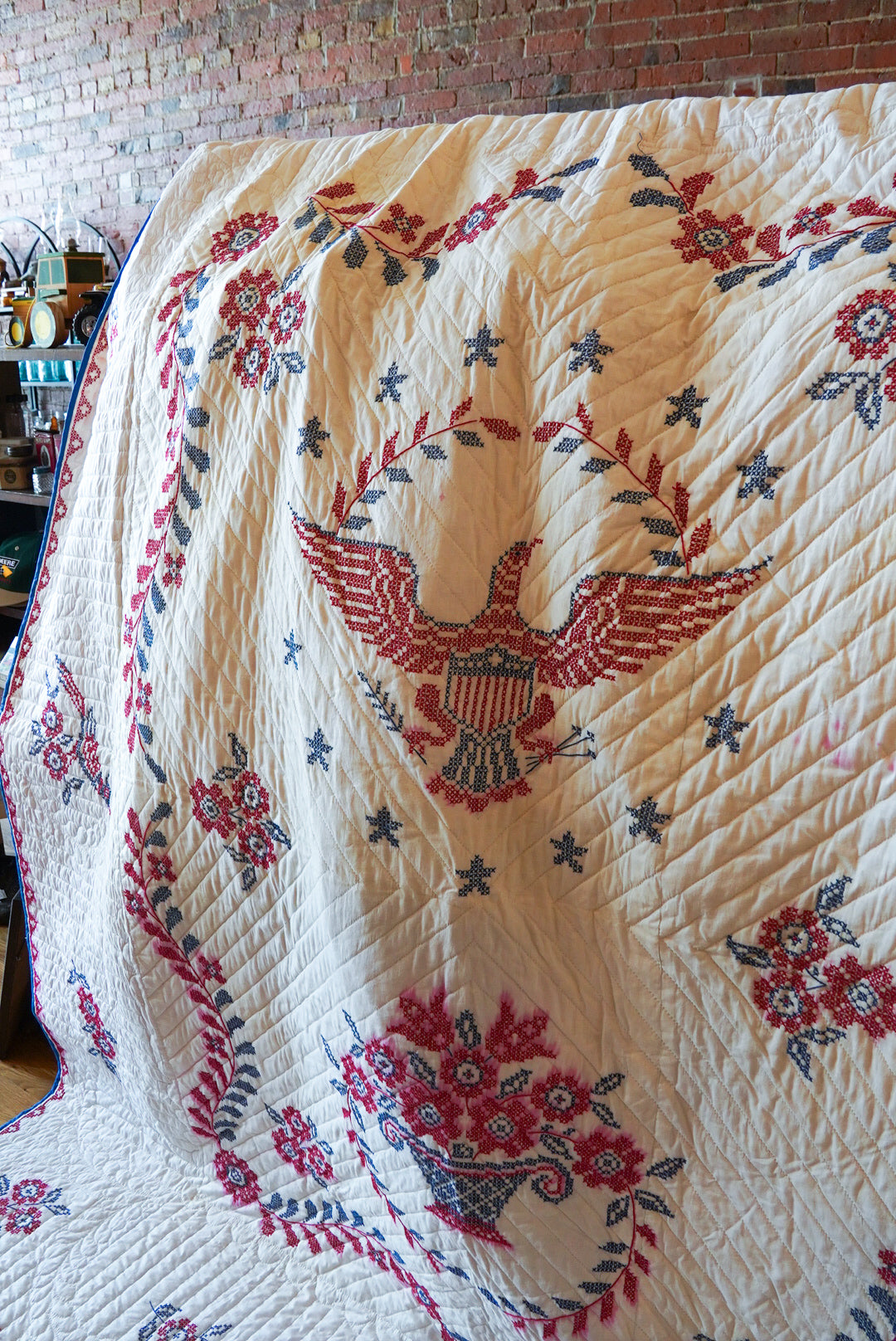 Vintage 70s Patriotic Cross-Stitch Bicentennial Americana Handmade Quilt 81x94