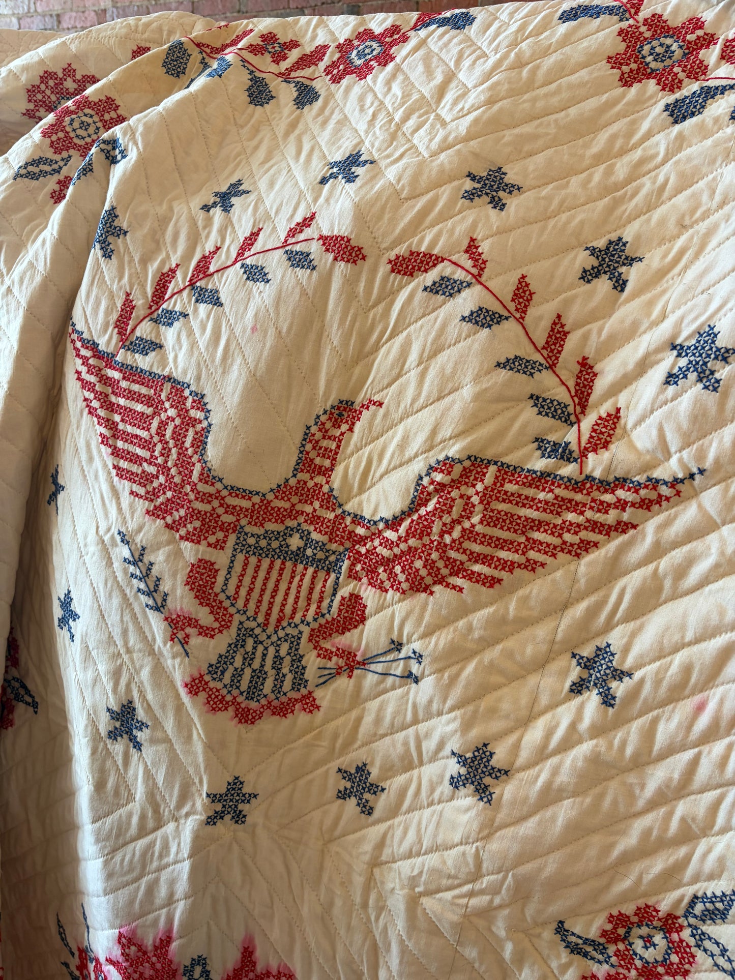 Vintage 70s Patriotic Cross-Stitch Bicentennial Americana Handmade Quilt 81x94