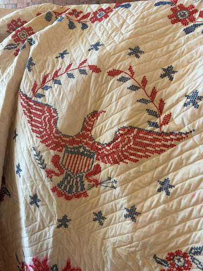 Vintage 70s Patriotic Cross-Stitch Bicentennial Americana Handmade Quilt 81x94