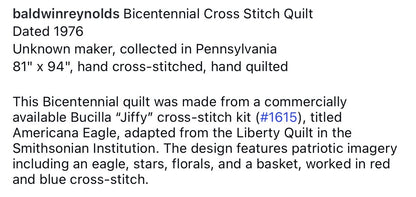 Vintage 70s Patriotic Cross-Stitch Bicentennial Americana Handmade Quilt 81x94