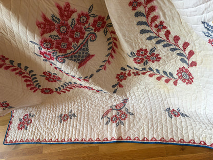 Vintage 70s Patriotic Cross-Stitch Bicentennial Americana Handmade Quilt 81x94