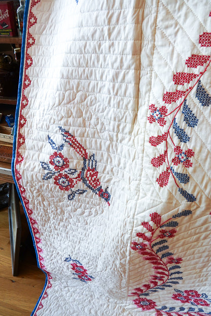 Vintage 70s Patriotic Cross-Stitch Bicentennial Americana Handmade Quilt 81x94