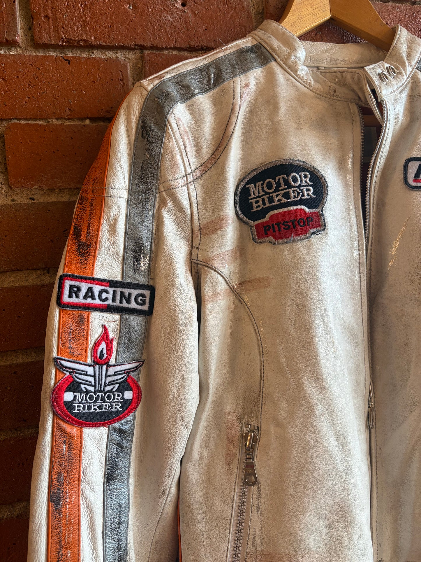 Y2K Wilsons White Silver Stripes Leather Maxima Cafe Motor Racer Moto Jacket M