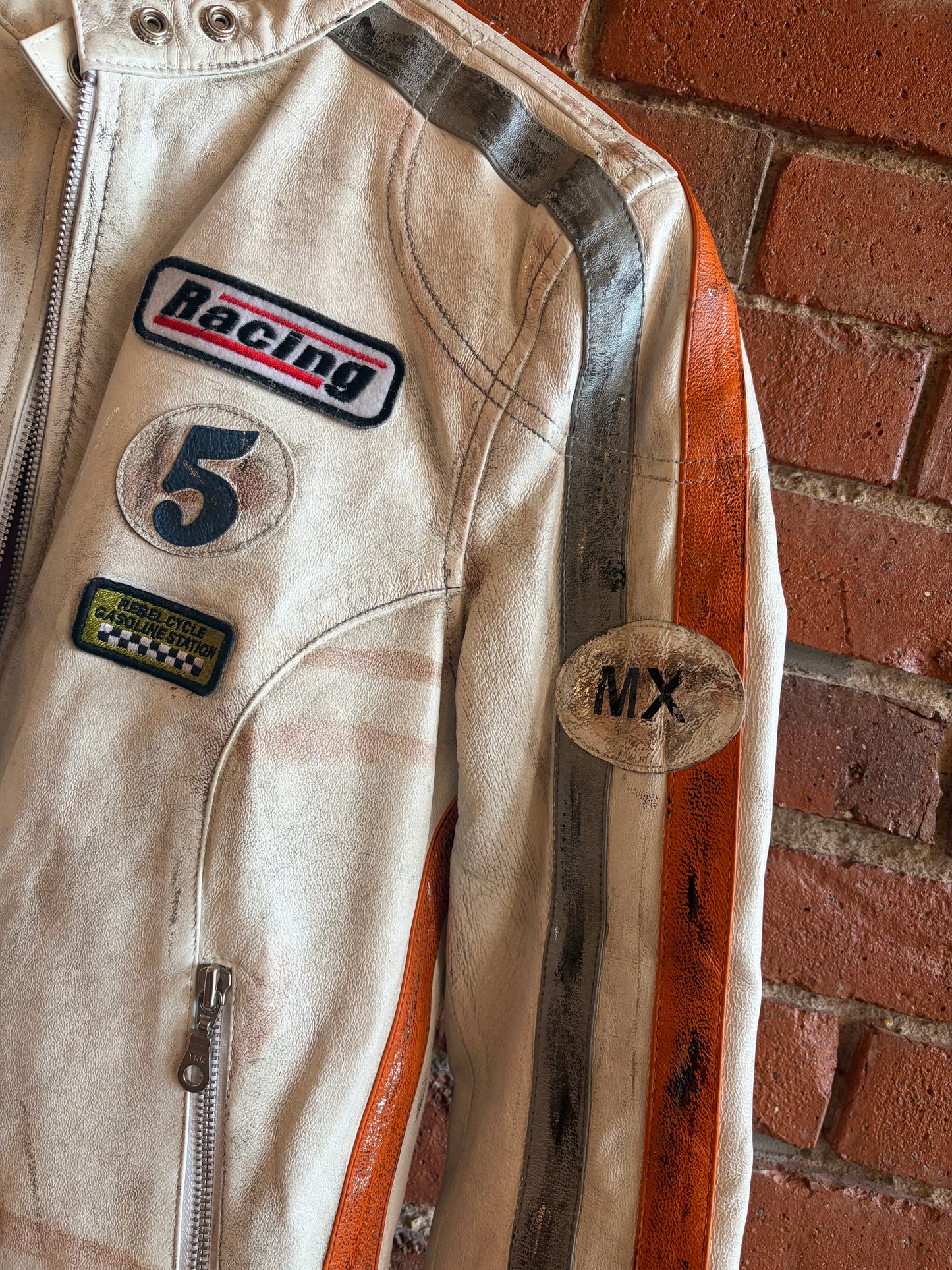 Y2K Wilsons White Silver Stripes Leather Maxima Cafe Motor Racer Moto Jacket M