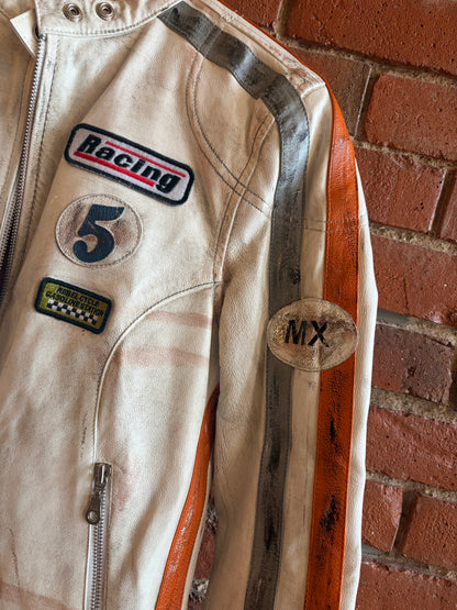 Y2K Wilsons White Silver Stripes Leather Maxima Cafe Motor Racer Moto Jacket M
