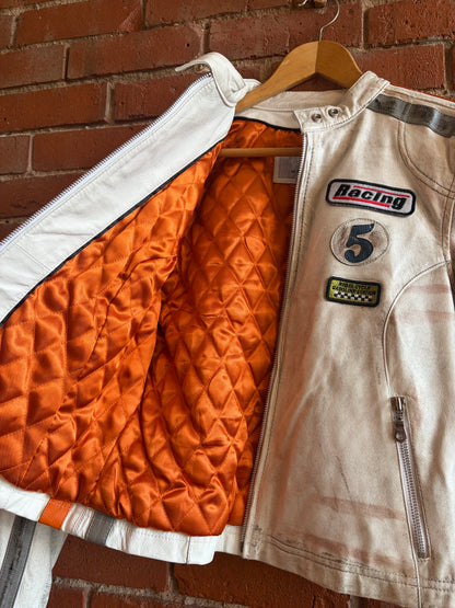Y2K Wilsons White Silver Stripes Leather Maxima Cafe Motor Racer Moto Jacket M