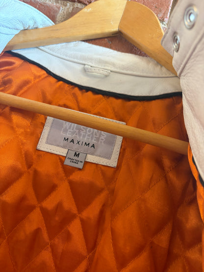 Y2K Wilsons White Silver Stripes Leather Maxima Cafe Motor Racer Moto Jacket M