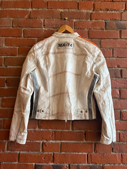 Y2K Wilsons White Silver Stripes Leather Maxima Cafe Motor Racer Moto Jacket M