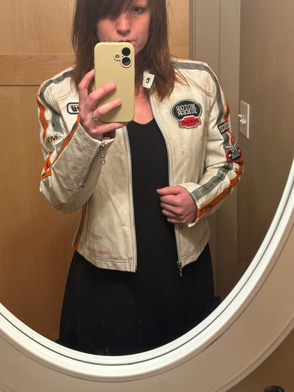 Y2K Wilsons White Silver Stripes Leather Maxima Cafe Motor Racer Moto Jacket M