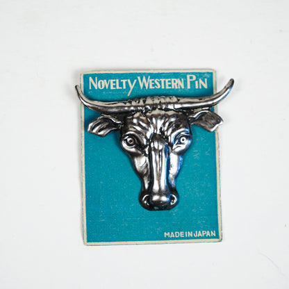 Longhorn Steer Tin Novelty Western Pin Made In Japan on Original Paper Back 40s/50s