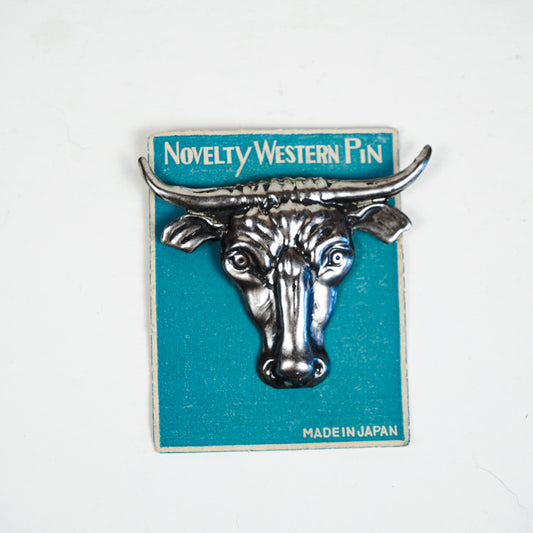 Longhorn Steer Tin Novelty Western Pin Made In Japan on Original Paper Back 40s/50s