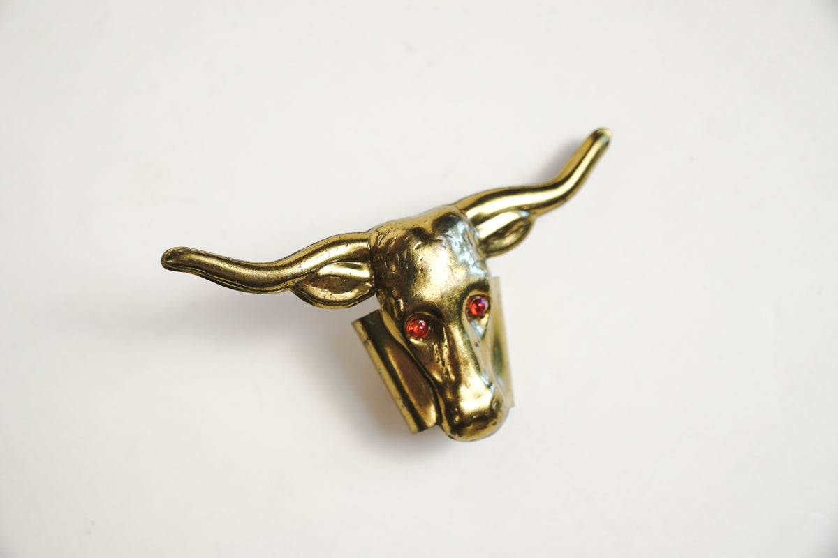 Brass Longhorn Bull Horns Western Bandana Slide Scarf Holder Red Eyes