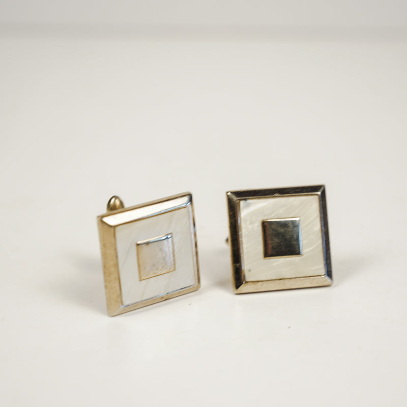 Vintage Swank Bolo Tie Clip "C" & Cufflinks Mother of Pearl Inlay Gold Tone Set