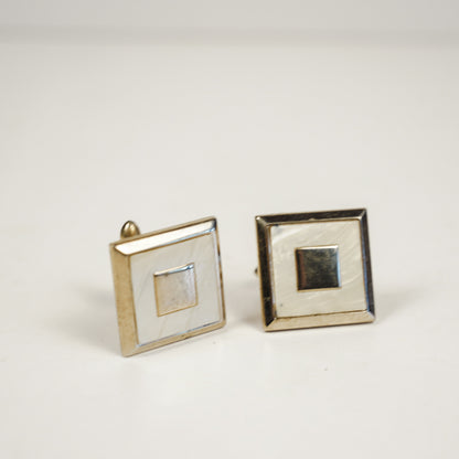 Vintage Swank Bolo Tie Clip "C" & Cufflinks Mother of Pearl Inlay Gold Tone Set