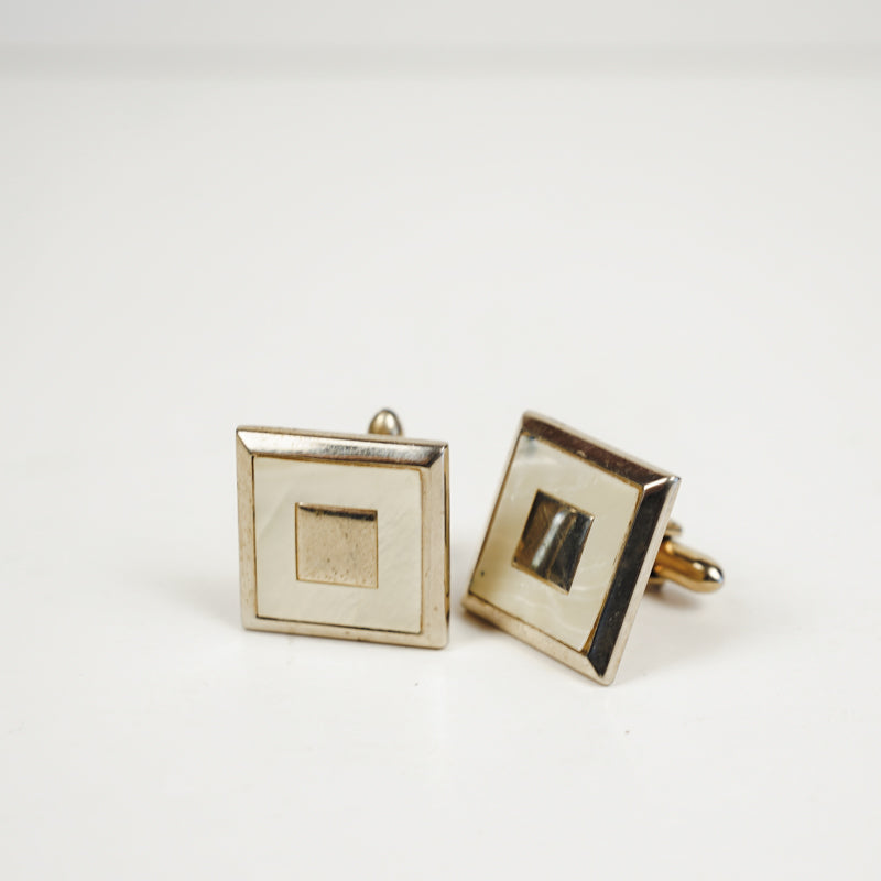 Vintage Swank Bolo Tie Clip "C" & Cufflinks Mother of Pearl Inlay Gold Tone Set
