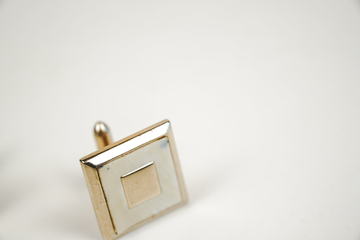Vintage Swank Bolo Tie Clip "C" & Cufflinks Mother of Pearl Inlay Gold Tone Set