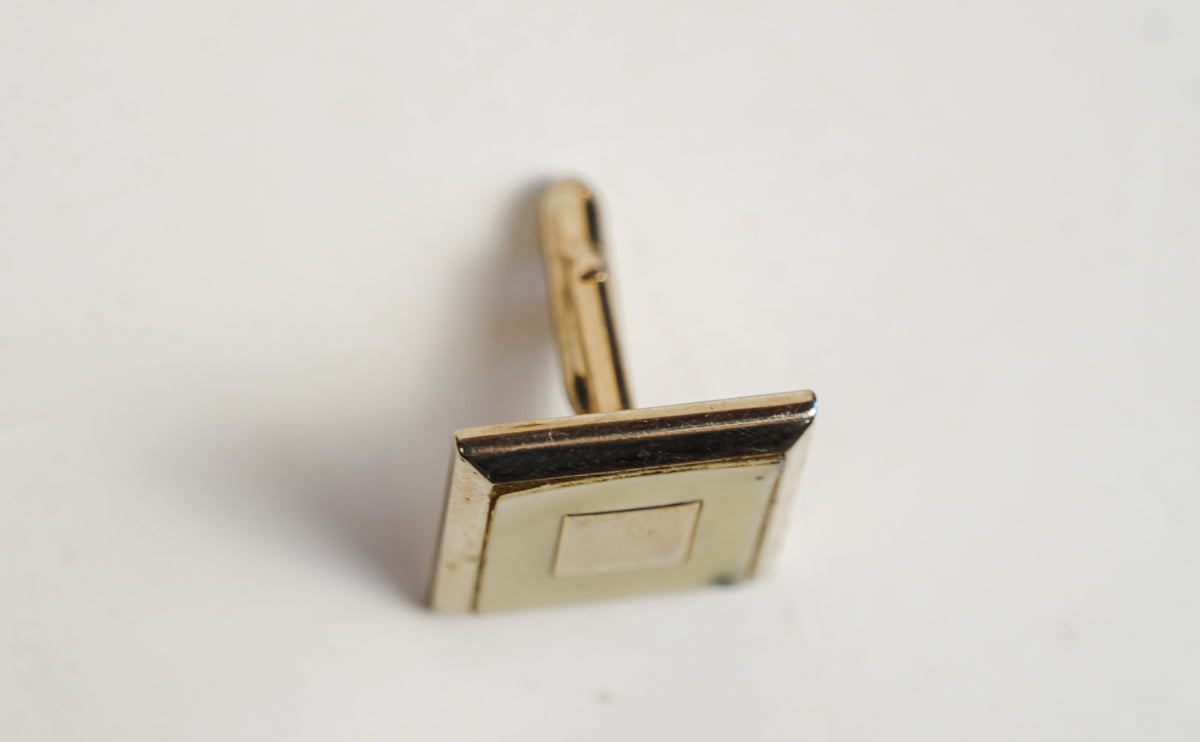 Vintage Swank Bolo Tie Clip "C" & Cufflinks Mother of Pearl Inlay Gold Tone Set
