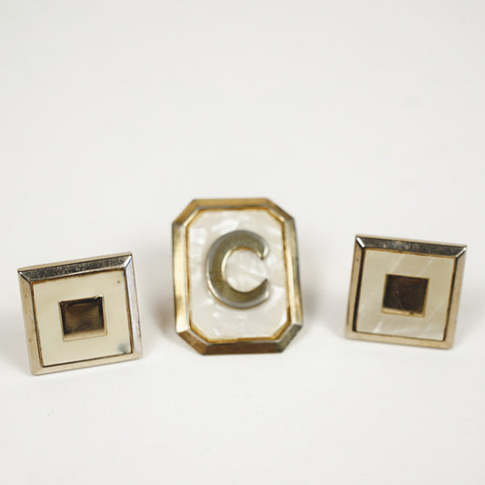 Vintage Swank Bolo Tie Clip "C" & Cufflinks Mother of Pearl Inlay Gold Tone Set