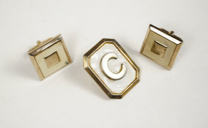 Vintage Swank Bolo Tie Clip "C" & Cufflinks Mother of Pearl Inlay Gold Tone Set