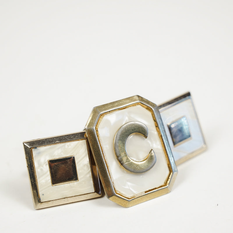 Vintage Swank Bolo Tie Clip "C" & Cufflinks Mother of Pearl Inlay Gold Tone Set