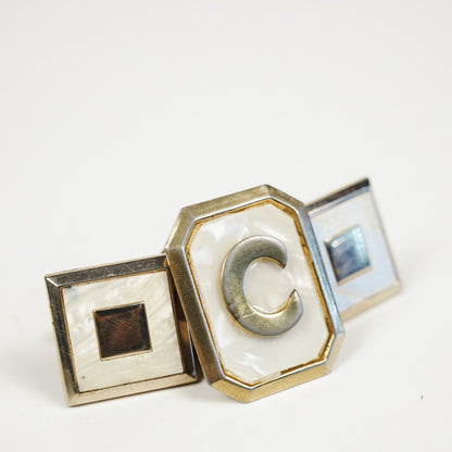 Vintage Swank Bolo Tie Clip "C" & Cufflinks Mother of Pearl Inlay Gold Tone Set
