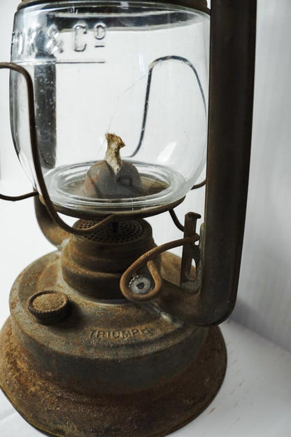 Vtg Triumph No.2 FOC & Co Antique Kerosene Oil Lantern Rusted Metal-missing top