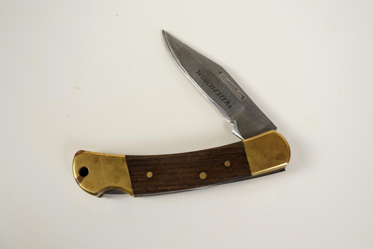 Vintage Winchester Folding Lockback Pocket Knife Wood & Brass Handle