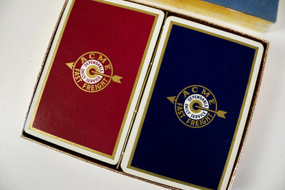 Vintage Acme Fast Frieght Redislip Double Playing Cards Set with Box -Red & Blue