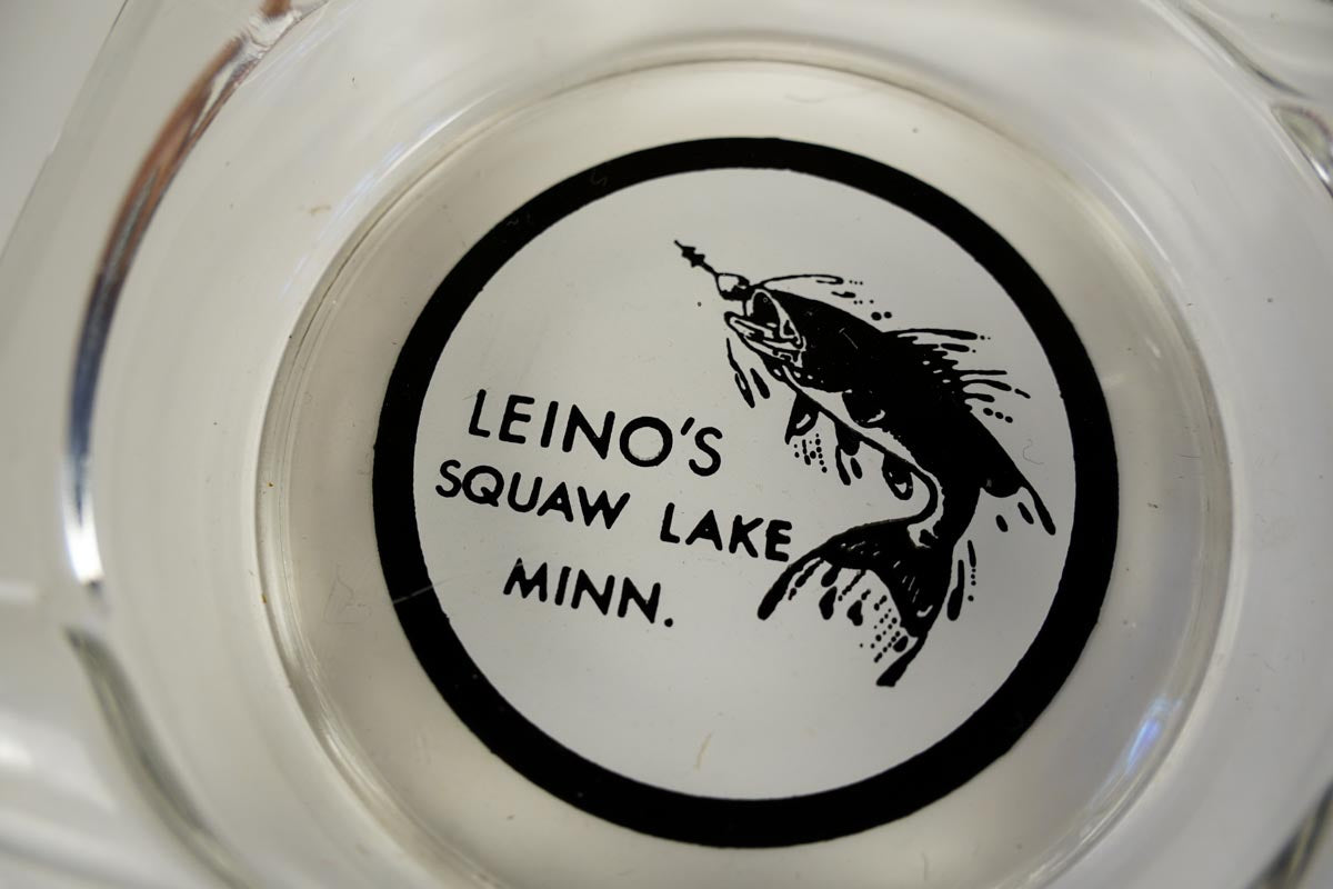 Leino's Squaw Lake, Minn. Clear Glass Souvenir Ashtray - Fish Graphic 4in