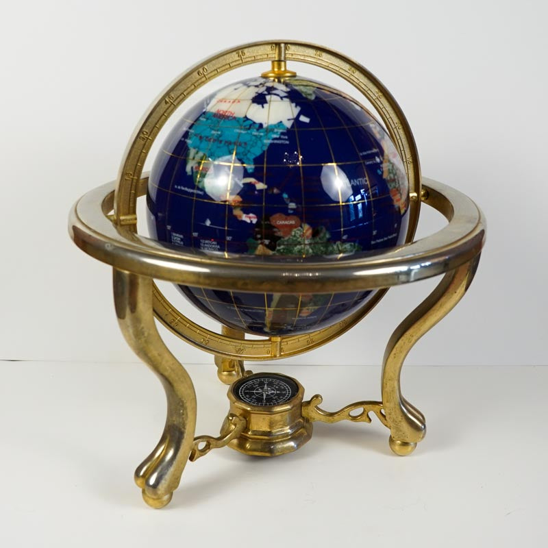 Inlaid Semi-Precious Gemstones In Lapis Lazuli World Globe With Compass