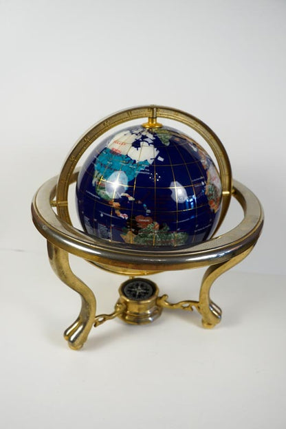 Inlaid Semi-Precious Gemstones In Lapis Lazuli World Globe With Compass