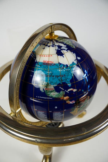 Inlaid Semi-Precious Gemstones In Lapis Lazuli World Globe With Compass