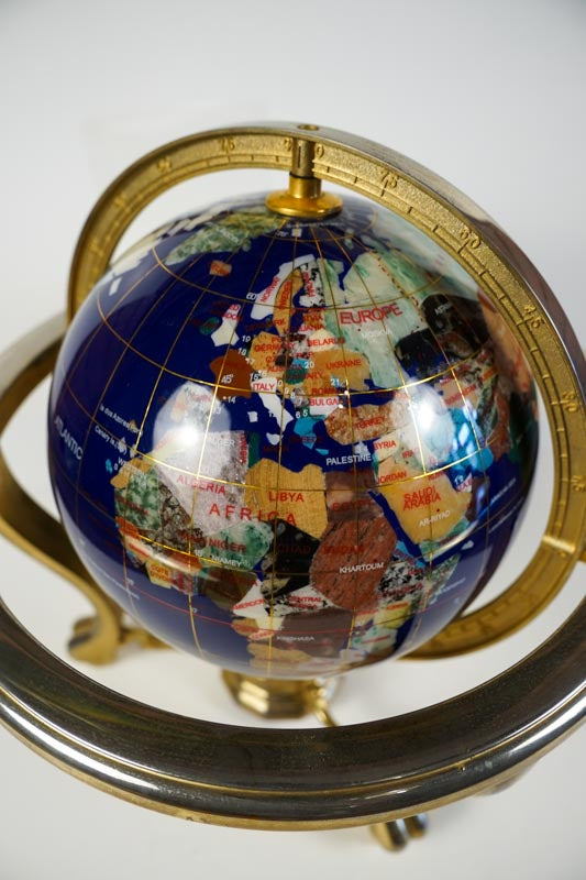 Inlaid Semi-Precious Gemstones In Lapis Lazuli World Globe With Compass