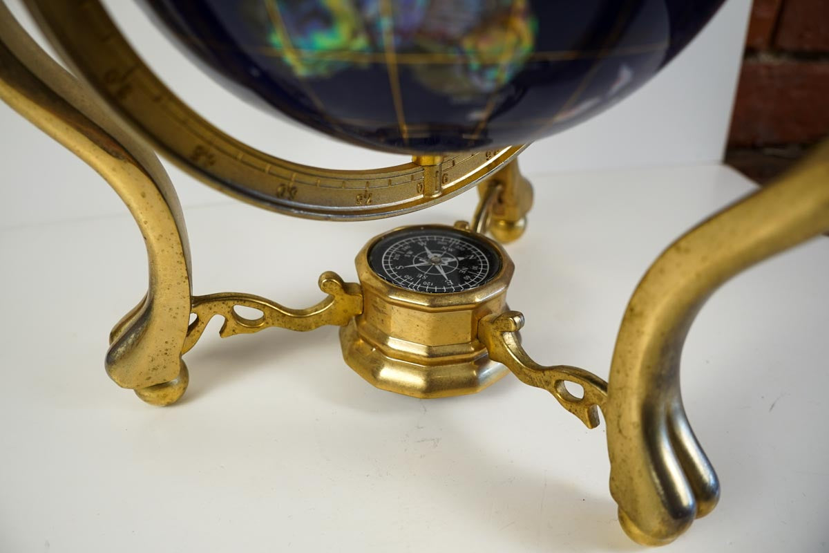 Inlaid Semi-Precious Gemstones In Lapis Lazuli World Globe With Compass