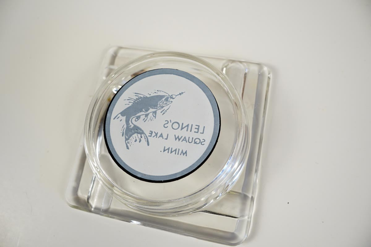 Leino's Squaw Lake, Minn. Clear Glass Souvenir Ashtray - Fish Graphic 4in