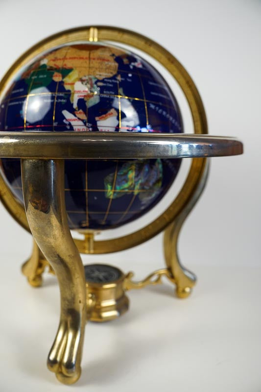 Inlaid Semi-Precious Gemstones In Lapis Lazuli World Globe With Compass