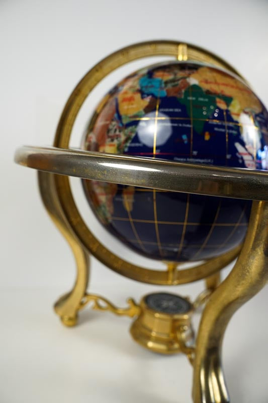 Inlaid Semi-Precious Gemstones In Lapis Lazuli World Globe With Compass