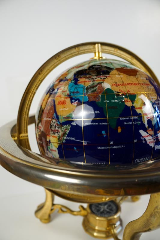 Inlaid Semi-Precious Gemstones In Lapis Lazuli World Globe With Compass