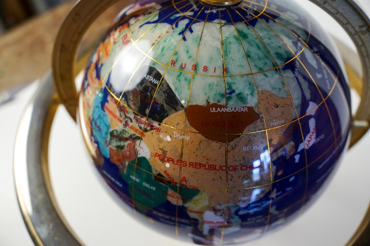 Inlaid Semi-Precious Gemstones In Lapis Lazuli World Globe With Compass