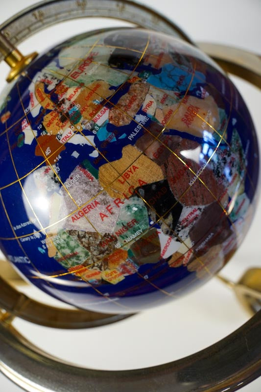 Inlaid Semi-Precious Gemstones In Lapis Lazuli World Globe With Compass