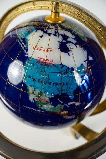 Inlaid Semi-Precious Gemstones In Lapis Lazuli World Globe With Compass