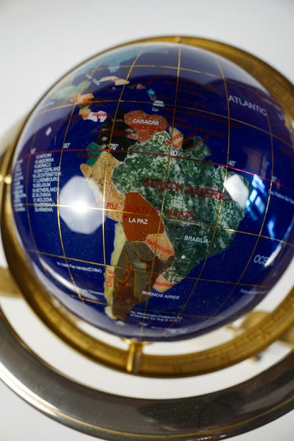 Inlaid Semi-Precious Gemstones In Lapis Lazuli World Globe With Compass