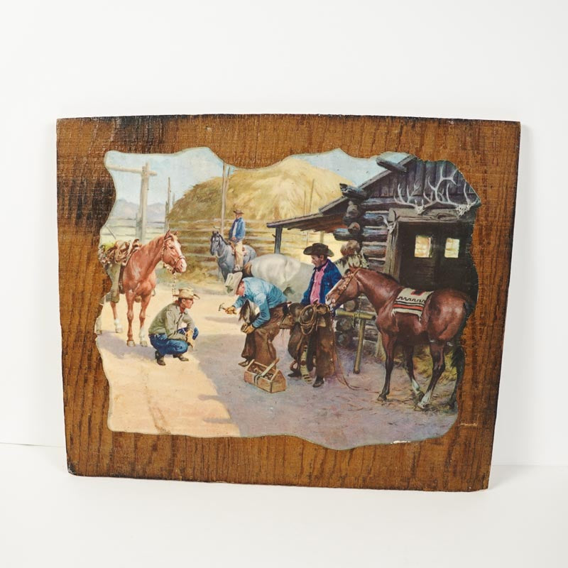 Vtg American Western Ranch Painting Charlie Dye 1960 Litho Print on Rough Wood