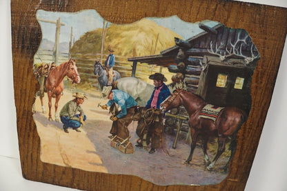 Vtg American Western Ranch Painting Charlie Dye 1960 Litho Print on Rough Wood